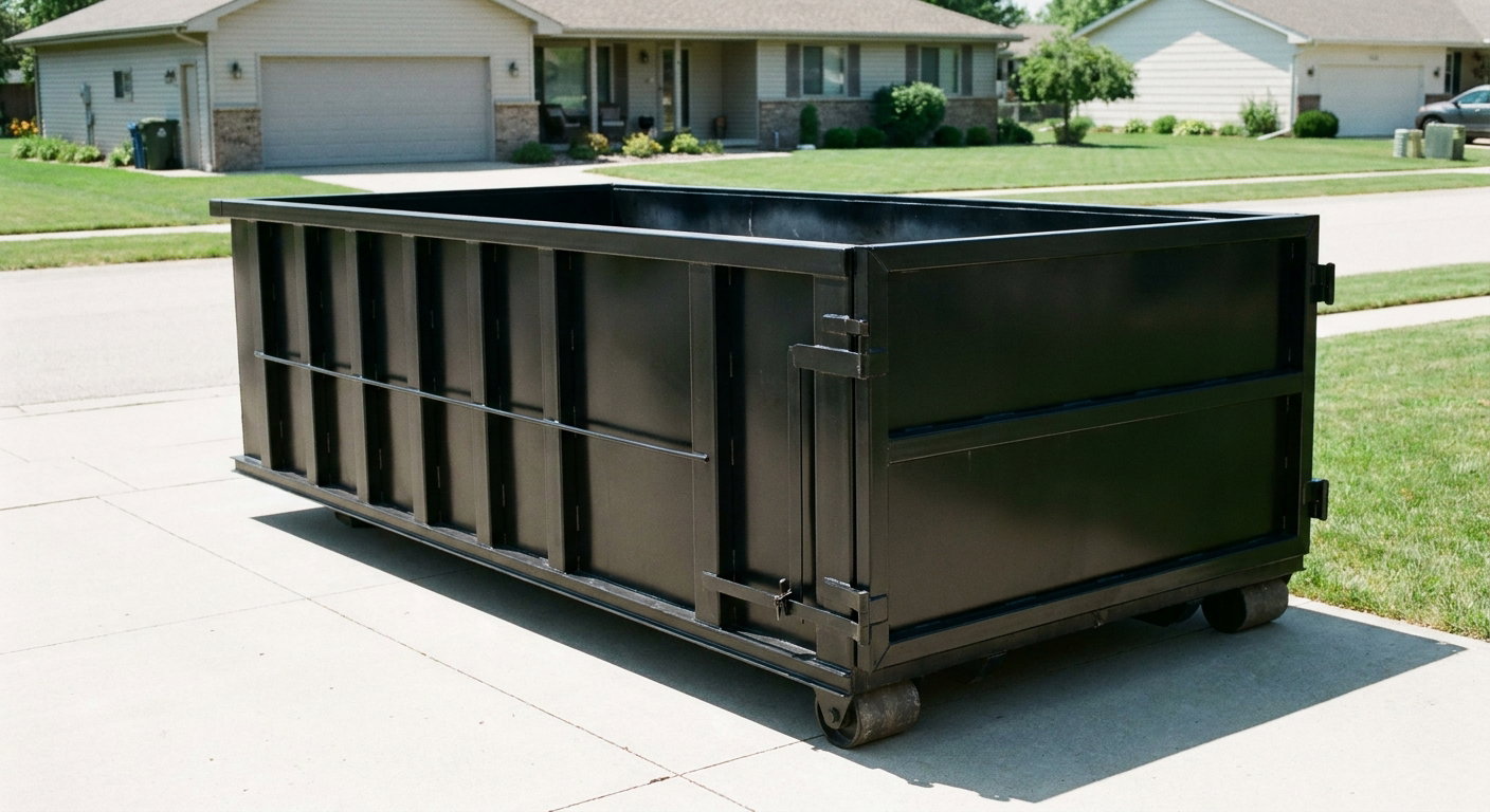 Matte-black 10-yard roll-off dumpster on a residential concrete driveway in Huntington Beach, uniformly painted matte black across every panel and rail, ribbed steel sidewalls and rear swing door visible, mid-day daylight.
