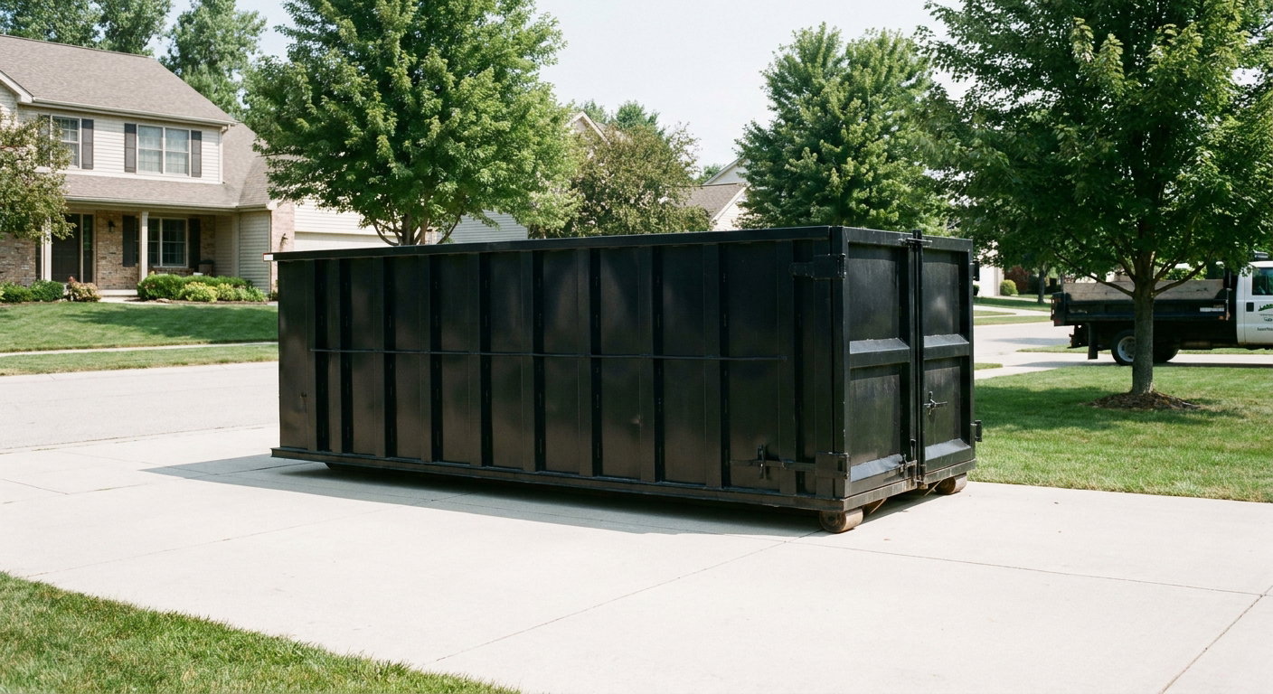 Matte-black 20-yard roll-off dumpster sitting level on a clean Huntington Beach residential concrete driveway under bright daylight, demonstrating clean placement directly on the concrete.