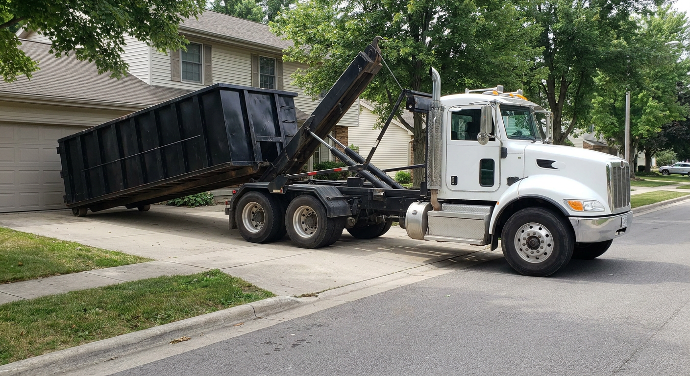 White-cab hooklift roll-off truck actively lowering a matte-black dumpster onto a Huntington Beach residential concrete driveway, the dumpster's rear wheels touching the driveway as the hoist arm tilts the bed forward, mid-morning daylight.