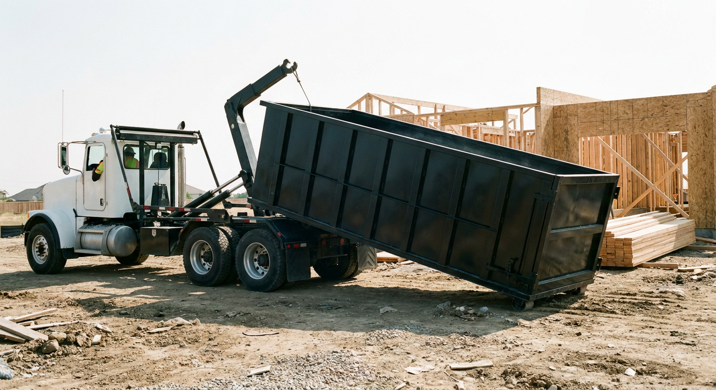 Matte-black roll-off dumpster being delivered onto a clean residential concrete driveway in Huntington Beach by an unmarked white hooklift hauler truck, bright morning daylight, documentary 35mm perspective.